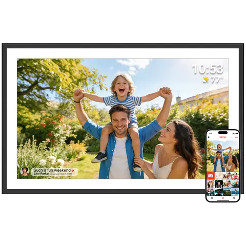 Frameo WiFi 15.6-Inch IPS HD Touchscreen Digital Photo Display Frame - 180-Degree Auto-Rotate, Wall-Mountable Plastic Rectangle, App-Enabled, Home Decor Room Decoration for Housewarmings, Camera Accessory