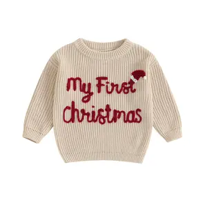 My First Christmas Baby Girl Boy Sweater Outfit Santa Hat Embroidery Chunky Knit Sweaters Long Sleeve Pullover Tops Neutral Infant Toddler Fall Winter Warm Clothes Xmas Photo