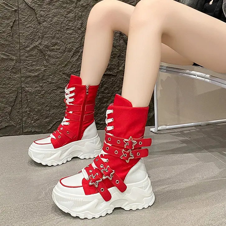 Women's Block Calf Fashion Boots - Rear Side Zipper, Chunky Wave Shock-Absorbing Platform Sole, Walking Shoes for Street Shooting, Daily Commute women fall