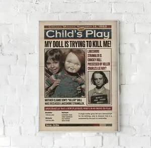 Child’s play Horror Movie Poster, Chucky Doll Vintage Poster, Chucky Good Guys Doll Newspaper Poster, Charles Lee Ray, Halloween Horror Gift