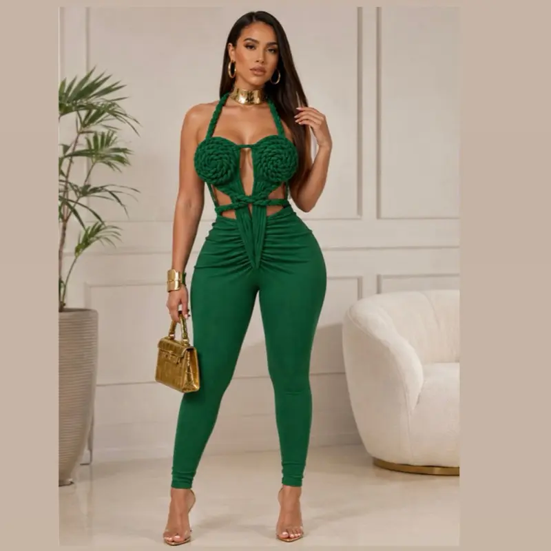 Natura Jumpsuit - Boho Crochet Halter Back with Artisan Cutouts & Hand-Knotted Details Women’s Clothing Romper