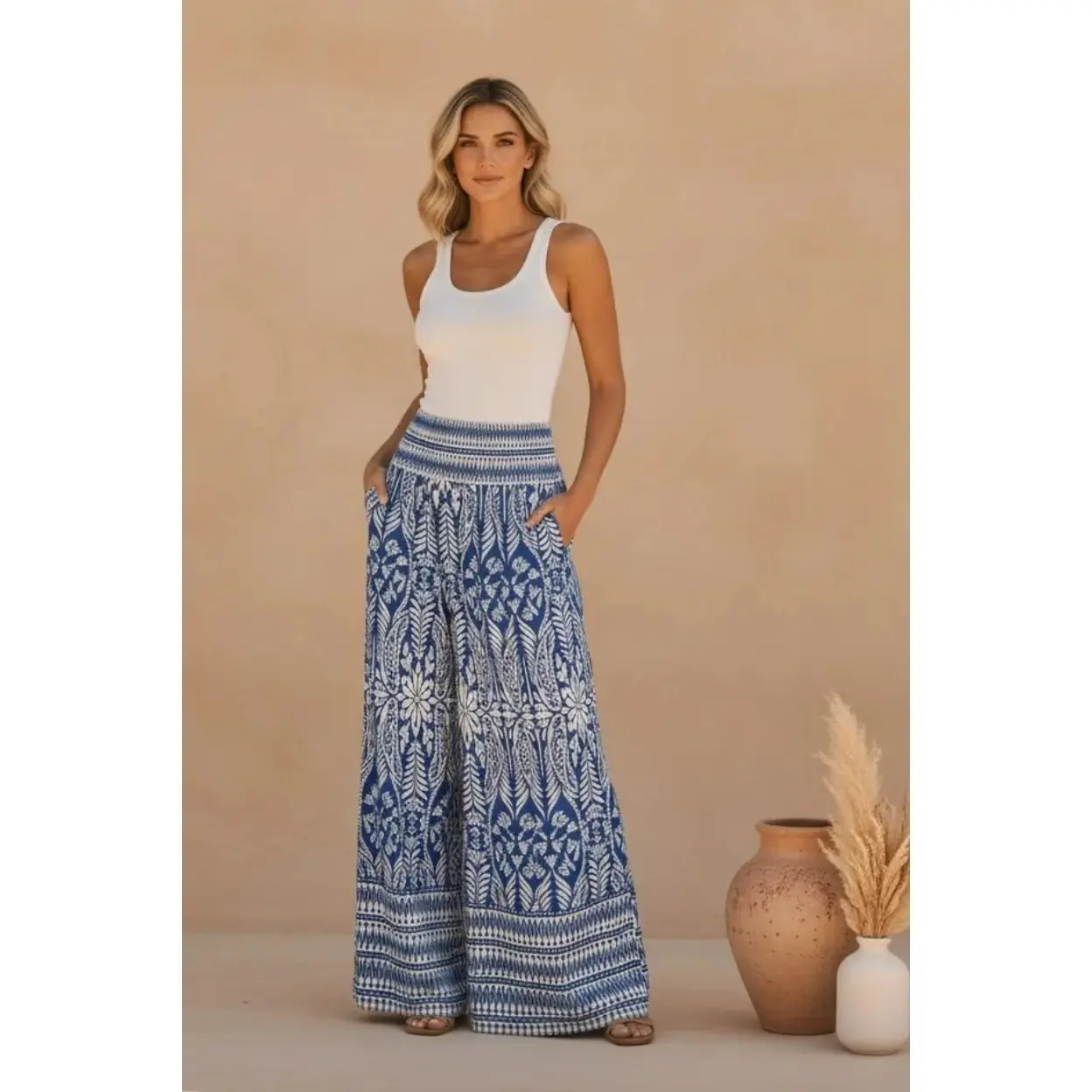 Belize Indigo Tile Wide-Leg Palazzo Pants