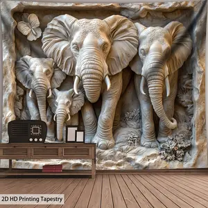 1pc Ultra Large Size 2D Flat Tapestry Not Real Stone Carving Elephant Family Group Photo Background Wall Hanging Large Size Polyester Tapestry for Living Room Bedroom Office Home Room Party Decoration Tapestry with Free Hanging Clips