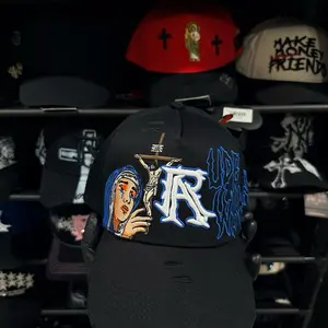 1:1Rude Awakenings Black Baseball Cap with Blue and White Embroidery and Religious Design G5