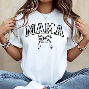 Mama Est 2026 Bow Print T-Shirt  Crewneck Casual Wear For Motherhood And Family Moments