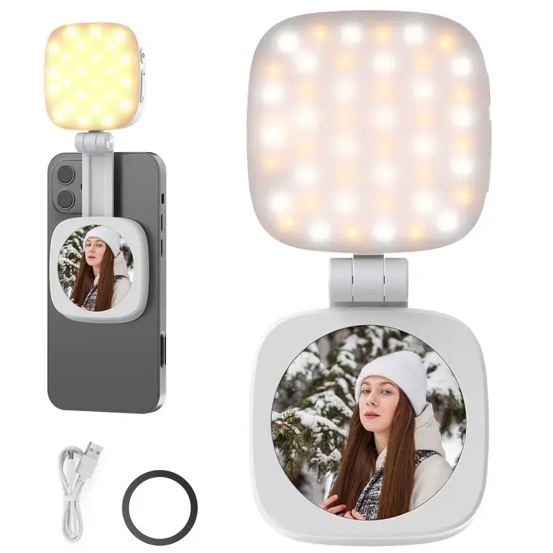 Magnetic Selfie Light for iPhone & Android, 3-in-1 Portable LED Makeup Light with Mirror & Phone Stand, Rechargeable Clip-On Creator Light for TikTok Videos, Live Streaming, Selfies & Video Calls zoom full-screen