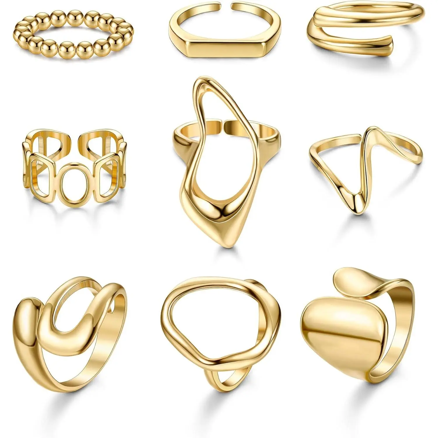 CASSIECA Women's 9Pcs Gold-Coated Adjustable Dome Thick Open Chunky Stackable Rings Set, Costume Jewelry for Summer Vibes, Rings for Women