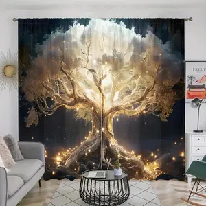 Tree & Starry Sky Pattern Curtain, 2 Counts/set Glow in The Dark Tapestry, Home Decor for Living Room Bedroom Study Room Kitchen