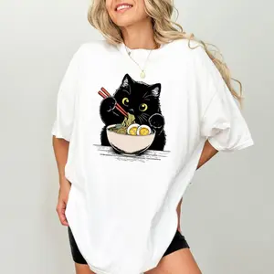 Cute Black Cat With Ramen  Shirt, Noodle Cat Graphic Tee, Cat Lover Unhinged Tees,  Women Outfits