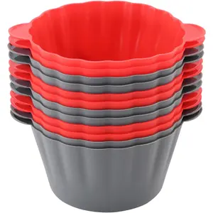 12 Pack  Non-stick Large  Baking Cups, 3.54 Inch   Cupcake Liners, Cake Molds with Handles, Large Muffin cups, Red and Gray