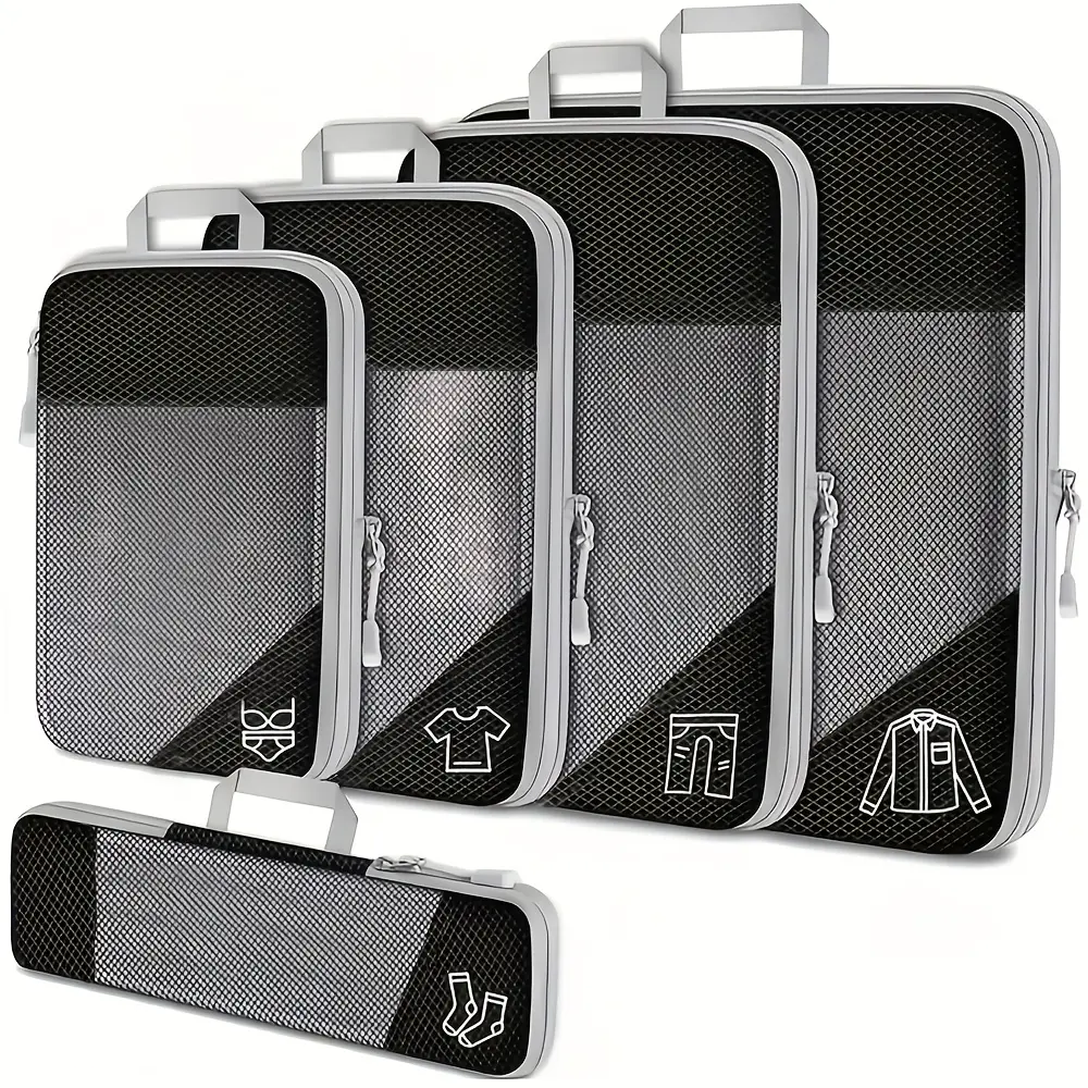 5-Piece Compression Cube Set for Travel, Lightweight Vacation Essentials, Durable Luggage Storage Bags, Must-Have Travel Accessories, Lightweight Packing Cubes, Travel Organizer Set