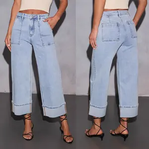 2025 New Elastic High-Waisted Washed Jeans Trendy Casual Fit Wide Leg Vintage Denim Womenswear Trouser Light Blue Streetwear Pocket Basic Button
