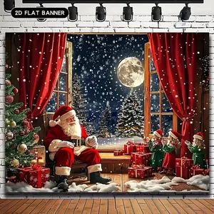 1pc 2D Flat Festive Santa Claus & Christmas Tree Party Decorations Banner - Polyester Material Wall Decor with Moonlit Night Scene, Red Curtains, Gift Boxes, Ideal for Home Party Decor, Party Decorations Banners