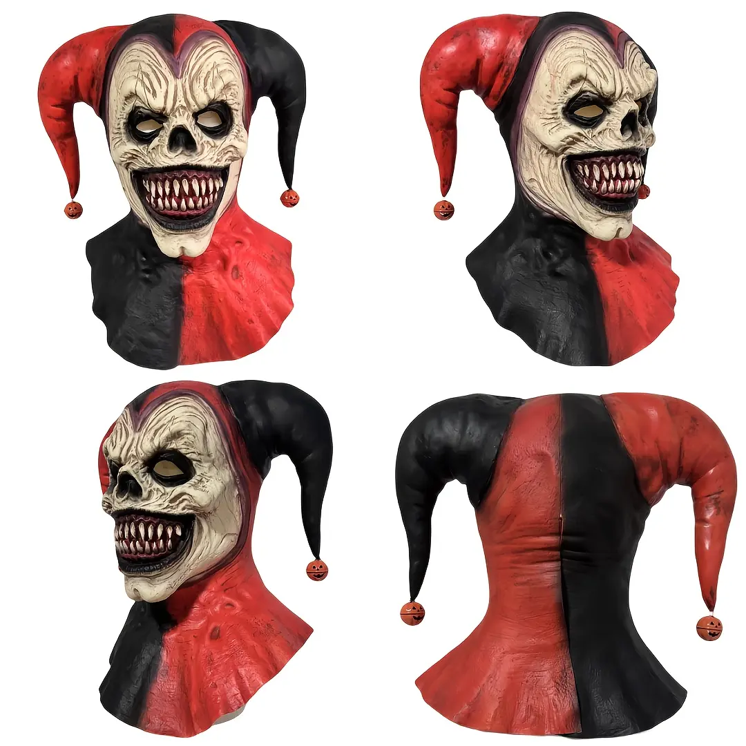 Scary Jester Clown Mask with Bells, Red & Black Horror Latex Mask, Creepy Demon Clown Head Mask for Adults, Halloween Cosplay, Haunted House Party Props Mask Design Red Masquerade Mask