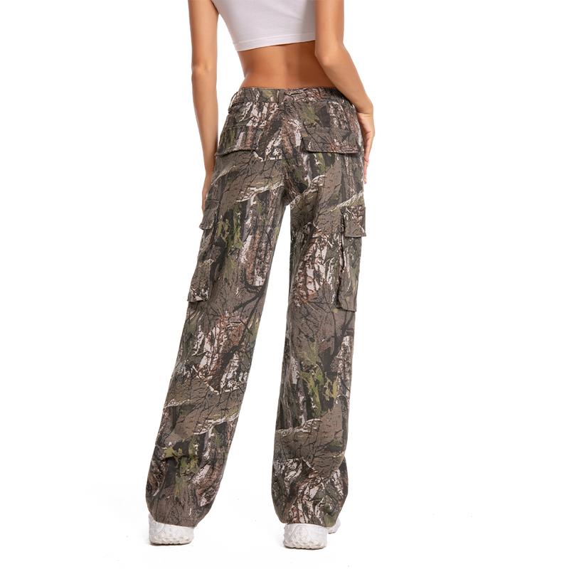Camo Cargo Pants Tall Girl Friendly for Women with Multi-Pockets and Mid Waist Wide Leg Baggy Y2K Trousers