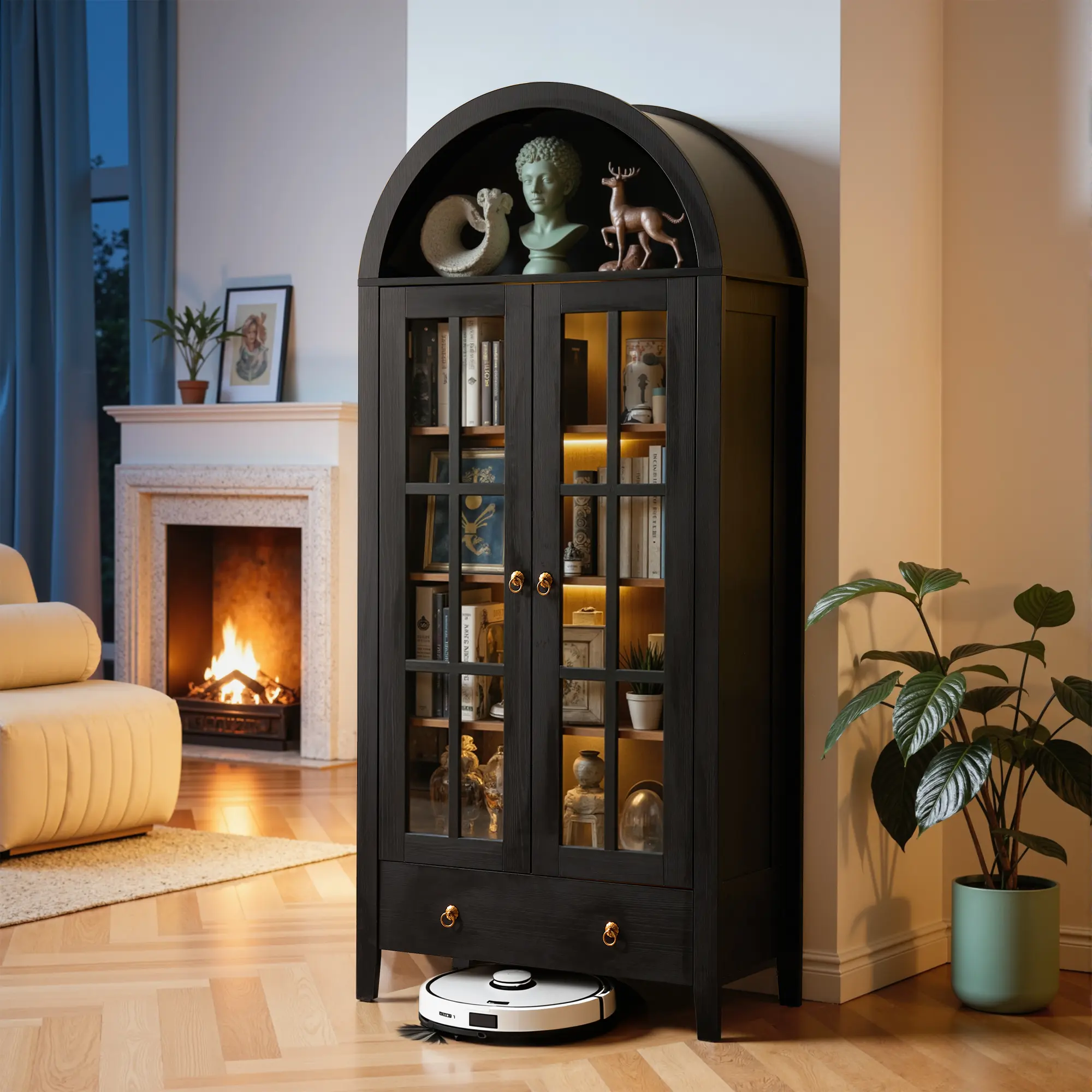 【Black Friday & Cyber Monday Deal】OOSWIFT Rechargeable Magnetic LED Lights & Motion Sensor, 71" Tall Arched Kitchen Pantry with Glass Doors,Versatile Cupboard with 4-Tier Shelf,For living Room, Home Office，Large Cabinet for Kitchen