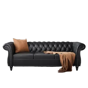 【Shipped in One or More Packages】Giratree Furniture 84" Black PU Chesterfield Leather Sofa Set with Tufted Back and Scroll Arms, 3 Seater + Loveseat + Chair Couch Set for Living Room and Office