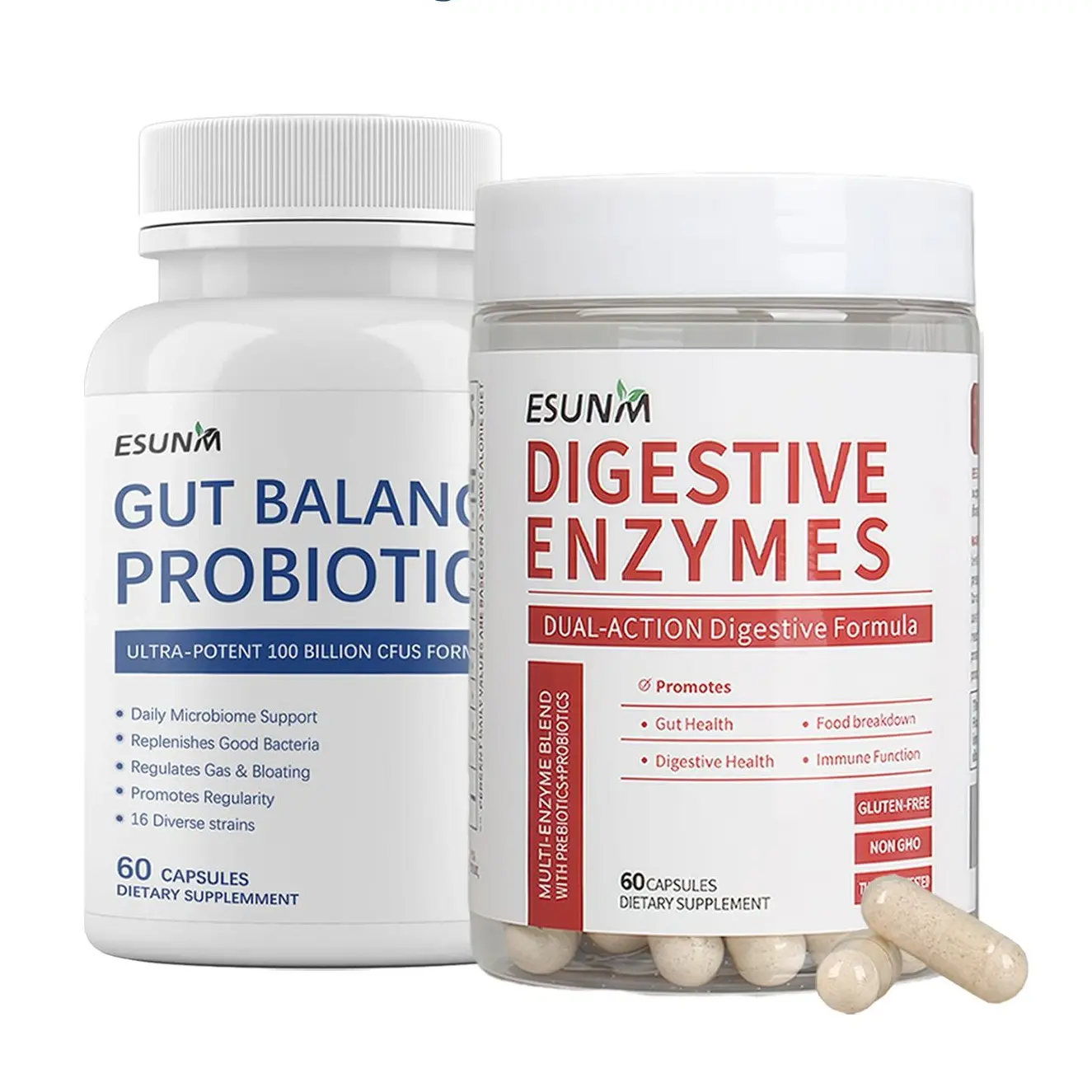 ESUNM Value Gut Health Bundle - 100 Billion CFU Probiotics & 60 Digestive Enzyme Capsules for Constipation Relief & Gut Function Support - Daily Dietary Supplement for Digestive Health - Fitness, Healthcare