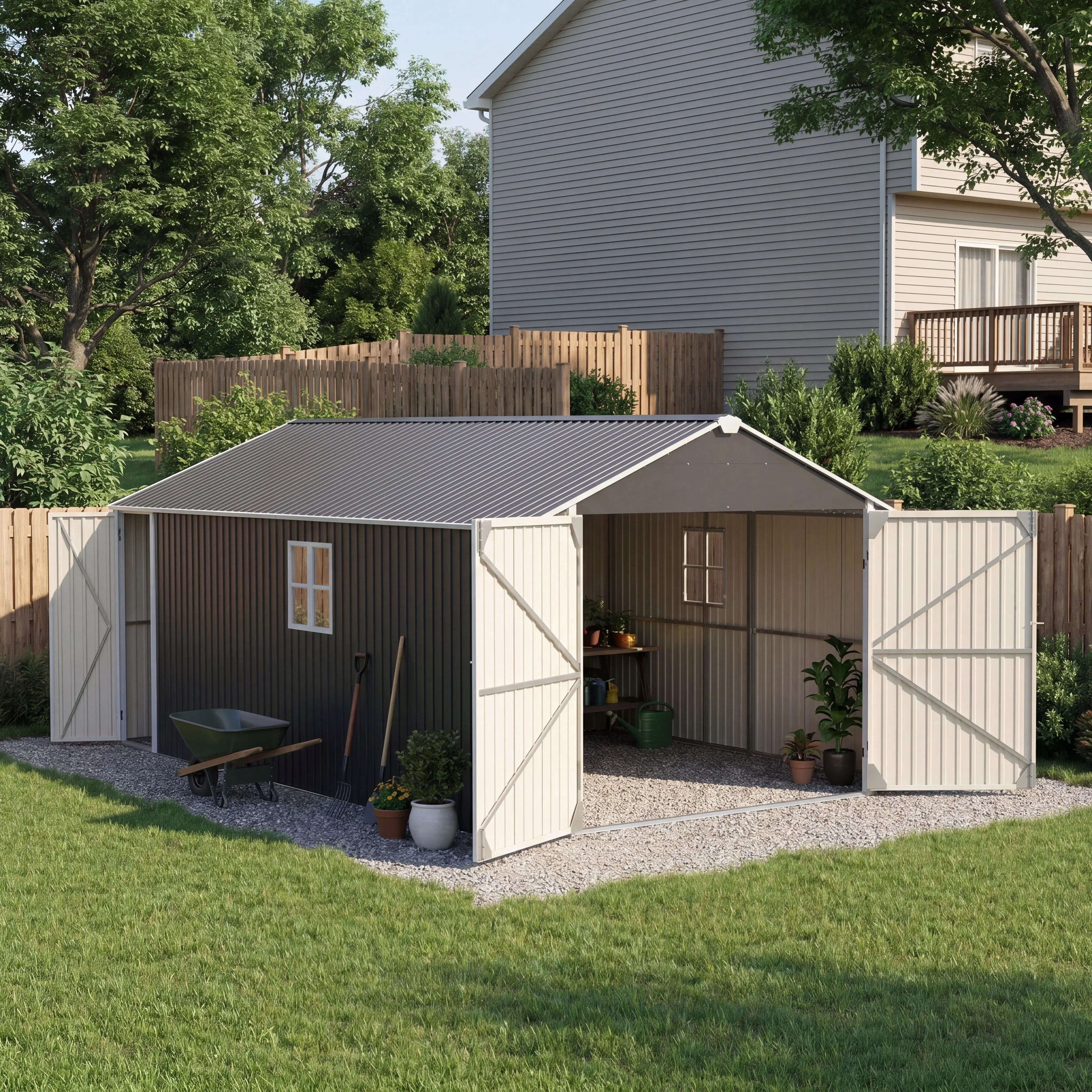 12x20 FT Heavy-Duty Steel Outdoor Metal Garage Shed - 1810 CUFT Storage Building with Double Doors, Sun Protection, Enhanced Security, Easy Access, All-Weather Protection for Cars, Equipment, General Storage