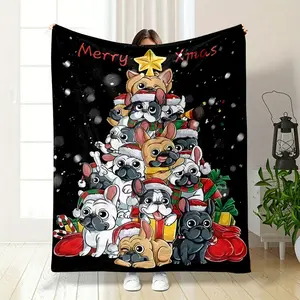 Adorable Christmas Dog Blanket: Cozy Up Your Holidays! Featuring cute cartoon dogs stacked as a Christmas tree with snowflakes falling in the background, creating a festive atmosphere. Soft and com