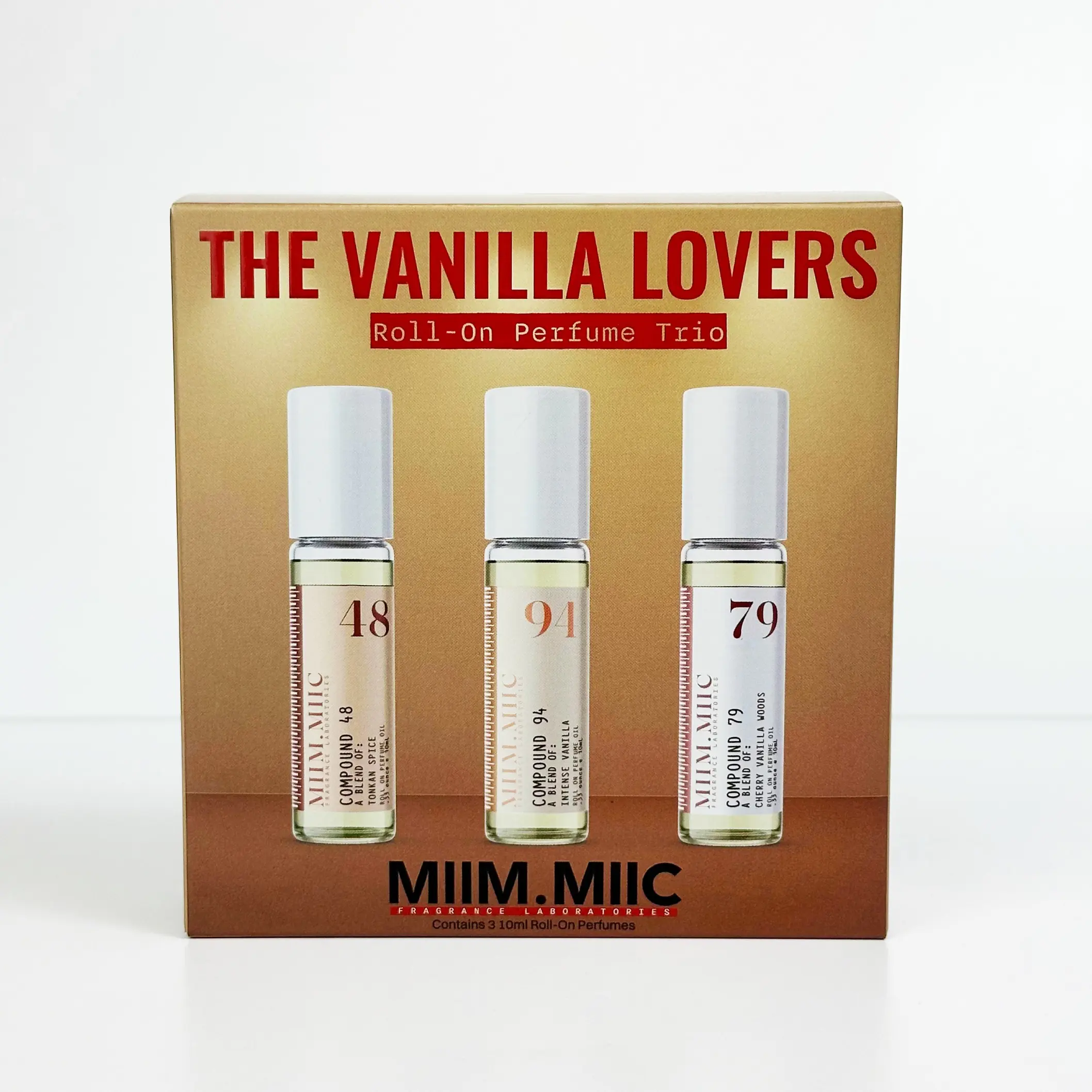 MIIMMIIC The Vanilla Lovers 3 Piece Roll-On Set No 48 Tonkan Spice No 94 Intense Vanilla No 79 Cherry Vanilla Wood Travel Ready Perfume Oils for Layering Regular Edition