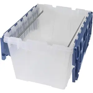 12 Gallon KeepBox File Box Plastic Stackable Storage Container with Hinged Attached Lid and Rails for Hanging File Folders, 21-Inch L x 15-Inch W x 12-Inch H, Clear/Blue