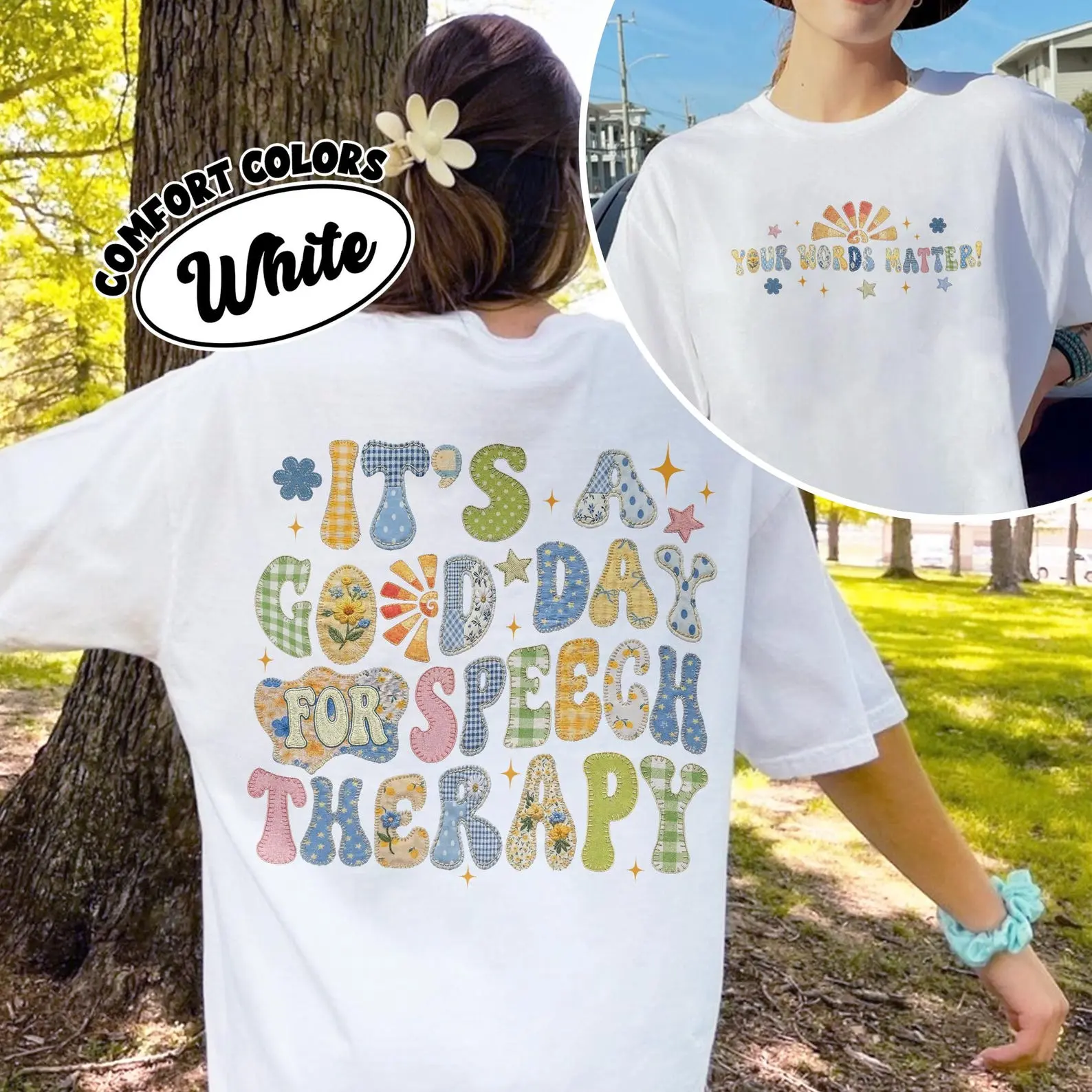 SLP Faux Patchwork Comfort Colors Shirt, Your Words Matter Tshirt, Sped Teacher Gift, School Counselor Quilted Tee, Gifts For Auntie, Sped Teacher Gift #fashion #tiktokshop #autism