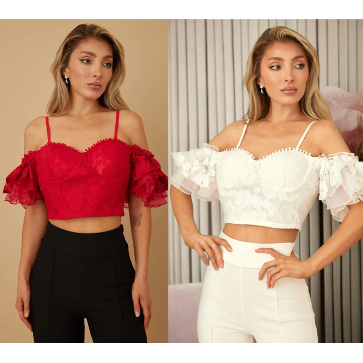 OFF SHOULDER FLOWER EMBROIDERED LACE CROP TANK BLOUSE - FLOWER LACE EMBROIDERED - OFF SHOULDER LAYERS - LACE FLOWER DETAIL - CROP DETAIL - SPAGHETTI ADJUSTABLE STAPS - ZIPPER ON THE BACK