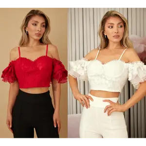 OFF SHOULDER FLOWER EMBROIDERED LACE CROP TANK BLOUSE - FLOWER LACE EMBROIDERED - OFF SHOULDER LAYERS - LACE FLOWER DETAIL - CROP DETAIL - SPAGHETTI ADJUSTABLE STAPS - ZIPPER ON THE BACK