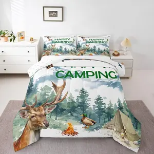 Happy Camping Comforter Set,RV Camper Bedding Set for Kids Boys Girls,Hunting Deer Fishing Bed Set,Rustic Mallard Duck Bedding Comforter Sets