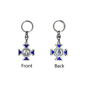 Our Lady of Grace and Miraculous medal blue enamel cross keychain