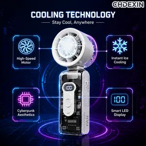 CHDEXIN 2-Second Cooling 100-Speed Handheld Cooling Fan Foldable LED Digital Display Turbo Fan| Transparent Mecha Style