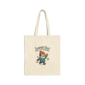 Level Up Gamer Bear Tote Bag | Cute Video Game Illustration, Canvas Shopper