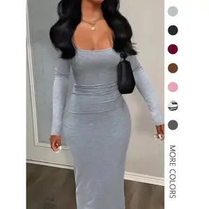 Women's Sexy Plain U Neck Long Sleeve Bodycon Dress, Minimalist Solid Tight Sleeve Long Dress for Fall, Ladies Clothes for FallGiftGift