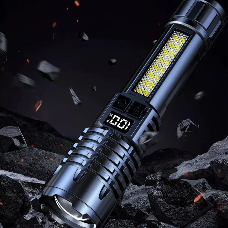 Rechargeable Tactical Flashlight High Lumens LCD Power Display Waterproof COB Sidelight