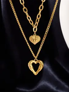 Trendy Y2K Double Layered Gold Heart Necklace with Chunky Chain & Two Heart Pendants, Aesthetic Grunge Jewelry for Women and Teen Girls