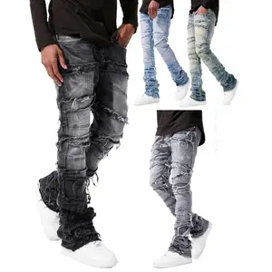 Men's Denim Straight Pants European and American Street Fashion Ins Hot Style Elastic Patch Denim Straight Pants