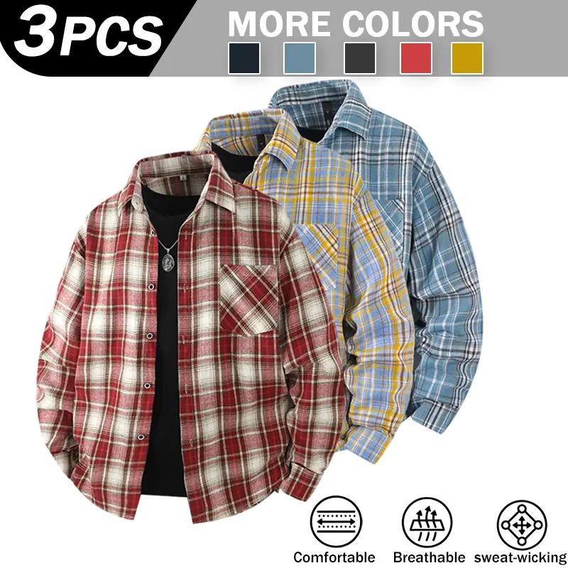 3 Pack Men Oversized Plaid Long Sleeve Shirts, Lapel Collar Chest Patch Pocket Soft Breathable Check Button Up Tops, Loose Casual Shacket for All Season Layering Street Skate Outfits, Assorted Color Sets