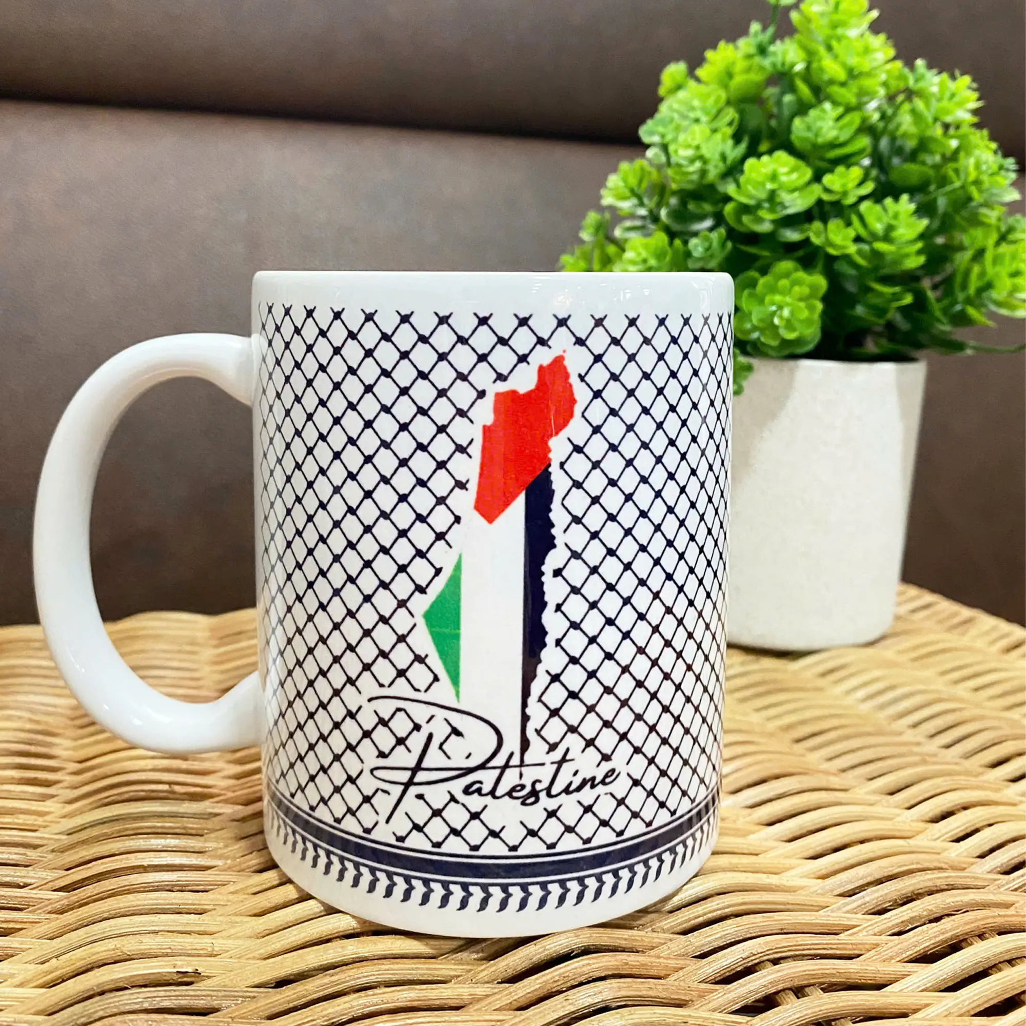 Palestine Kufiya Ceramic Mug, 11oz And 15oz Coffee Cup, White Mug, Cultural Symbolism Drinkware