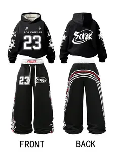 Men's Fall Winter Sports Set, Hooded Sweatshirt & Faux Two-Piece Wide Leg Pants, Plush Lining, Digital Print, Streetwear Style, Streetwear Tracksuit Set