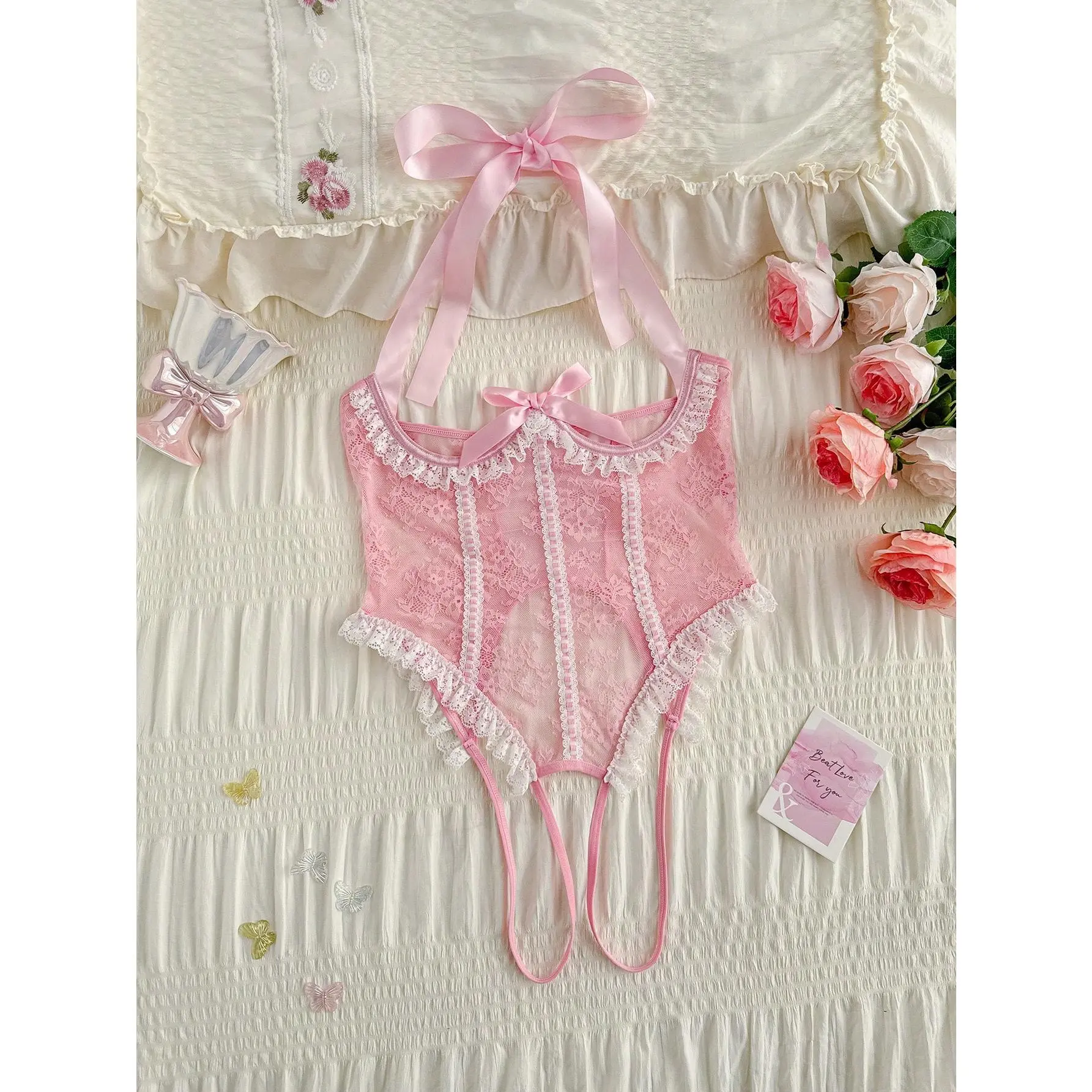 Women's Feminine Blush Pink Halter Tie Bow Decor Lace Jumpsuit - Breathable Fabric, Suitable for Day Outings, Cocktail Parties, Elegance, Comfortable, Soft, Romantic, Cute