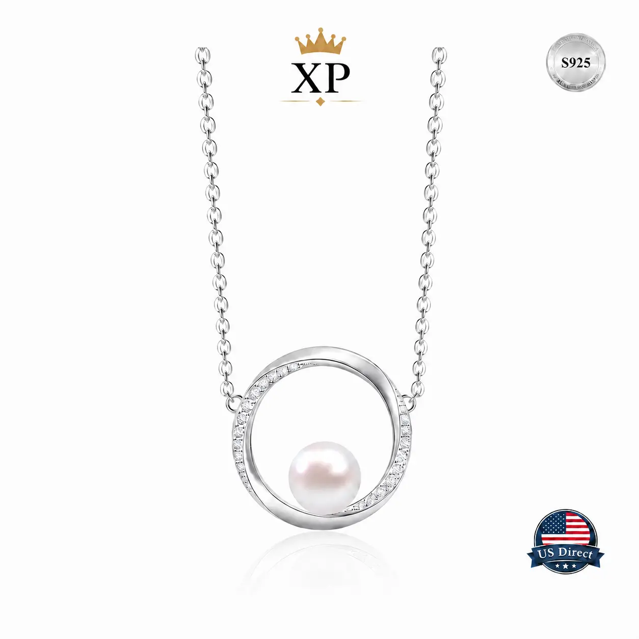 S925 Sterling Silver Pearl Necklace for Women, Silver Color Open Circle Pendant Necklace with Cubic Zirconia Accents, Elegant Jewelry for Wedding Party Gift