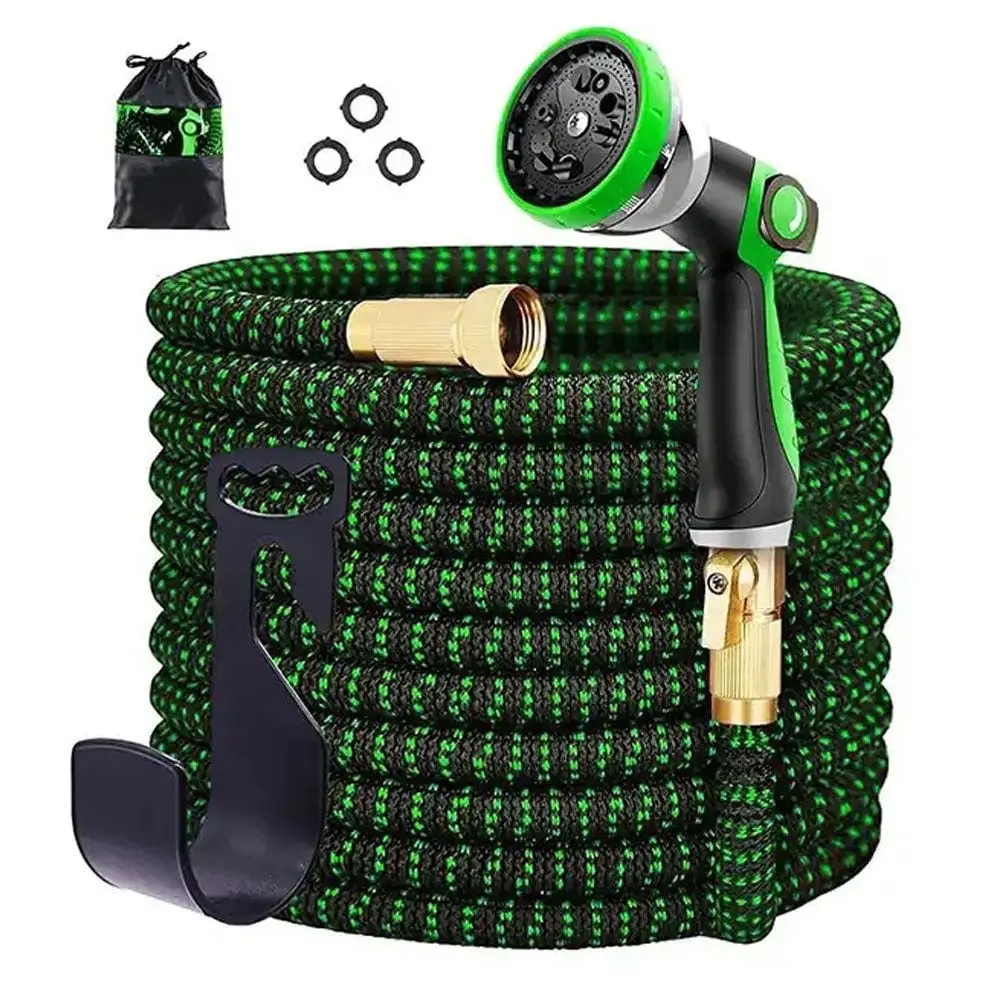 Round 50ft Expanding Garden Hose Heavy Duty Flexible No-Kink Expandable Extra-Strength Water Hose with Multi-Setting Spray Nozzle and Hose Holder Blue Green Black