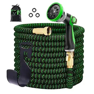 Round 50ft Expanding Garden Hose Heavy Duty Flexible No-Kink Expandable Extra-Strength Water Hose with Multi-Setting Spray Nozzle and Hose Holder Blue Green Black