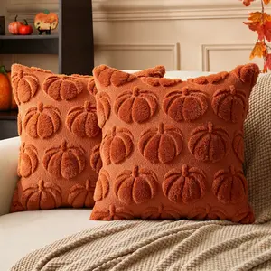 Fall decorative throw pillow Covers 18x18, Halloween Pillow Covers Decorations, Rust Pumpkin fluffy plush accent pillow case Cover For Indoor Outdoor Porch Sofa Bed Living Room Home Decor, Plush Autumn Decorative  faux fur wool soft gift festive ambiance