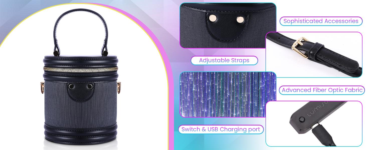 Portable Rechargeable Crossbody LED Light Up Bucket Bag, 7 Color Changing Glow In The Dark Crossbody Purse With 4 Flashing Modes, Press Switch To Control, Stylish Handbag For Night Out Party Concert