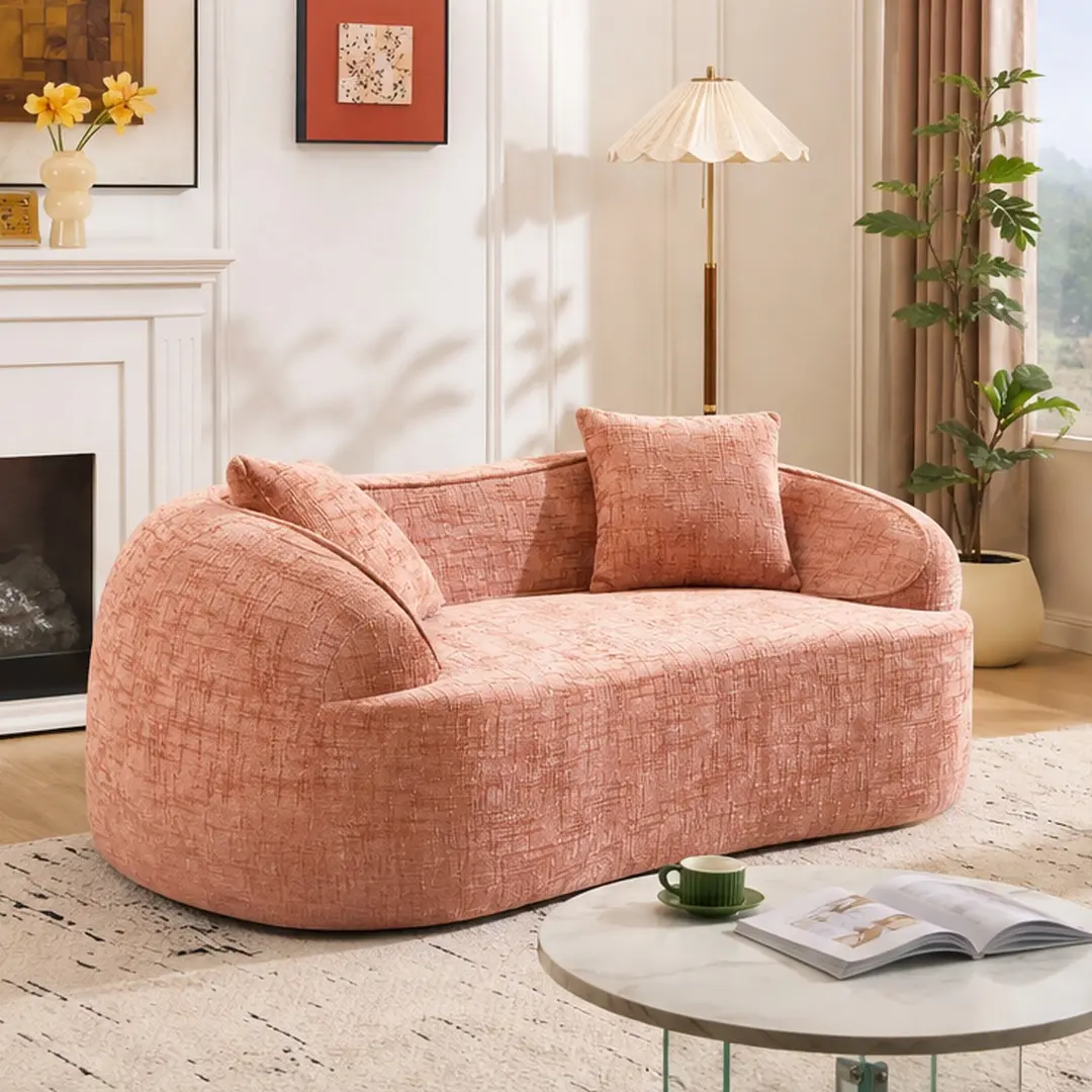 ARCH 2-Seat Curved Loveseat Sofa with Pillows, Chenille Fabric, Foam+Spring, Compressed, No Assembly, for Small Apartment Living Room Bedroom, Multiple Color Options, Beige/Pink/Yellow Color Options, Foam+Spring Material, 2 Seat Seat Count