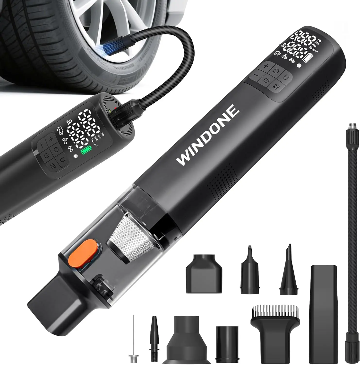 Windone 2-in-1 Cordless Cleaner, 12000Pa Power 60W Brushless Motor 150PSI Tire Inflator & Vacuum with Pressure Gauge, LED Light, Multi-Nozzles, Compact Portable Size for Car Cleaning, Cars Accessories, Cycling, Handheld