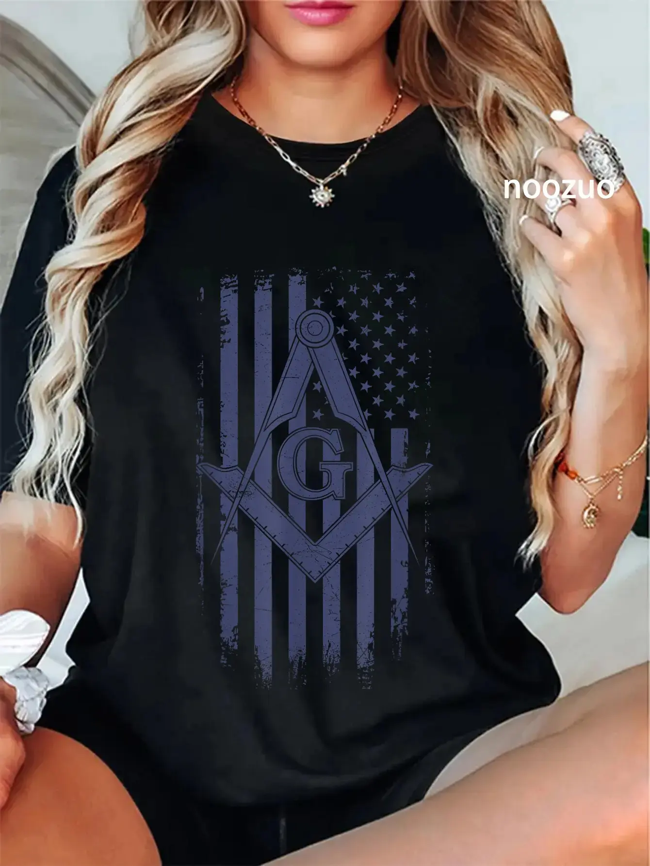 100% Cotton Unisex Masonic American Flag Square & Compass Freemason Navy Blue T-Shirt