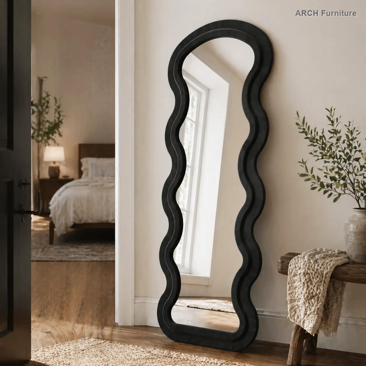 Freestanding Modern Arch Wooden Full-Length Wavy Frame Mirror - Black Home Decor Supply, Home Mirror Gift for Wedding, with Hanging or Wall-Leaning Options, Ideal for Room & Living Room Decorations